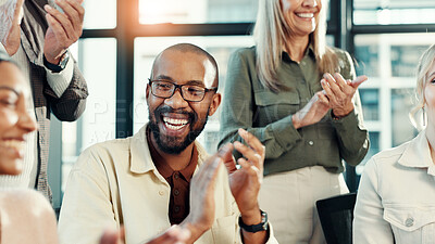 Buy stock photo Man, applause and smile at meeting in office with team, goals and support with celebration at startup. Business people, cheers and success with achievement, profit and excited at creative agency