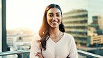 City, rooftop and portrait with business woman outdoor for ambition, inspiration or opportunity. Arms crossed, buildings and smile with happy employee in urban town for internship or new job