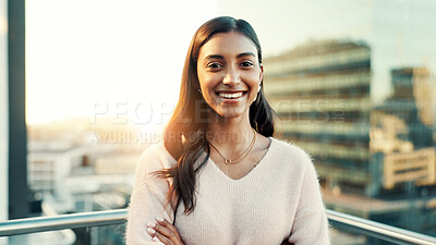 Buy stock photo City, rooftop and portrait with business woman outdoor for ambition, inspiration or opportunity. Arms crossed, buildings and smile with happy employee in urban town for internship or new job