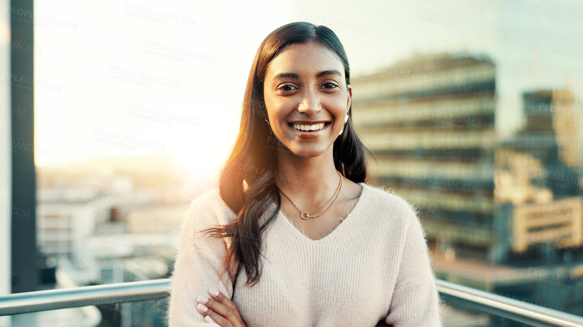 Buy stock photo City, rooftop and portrait with business woman outdoor for ambition, inspiration or opportunity. Arms crossed, buildings and smile with happy employee in urban town for internship or new job