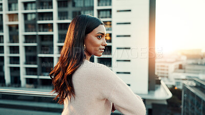 Buy stock photo City, rooftop and thinking with business woman outdoor for contemplation, inspiration or vision. Buildings, future and opportunity with thoughtful employee in urban town for planning or view