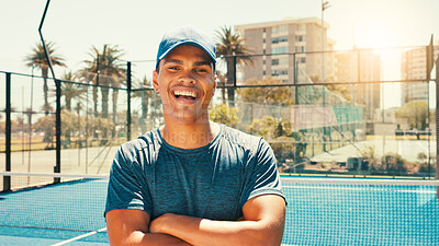 Buy stock photo Portrait, confidence and happy man at tennis court for sports practice, exercise and pride for fitness hobby. Arms crossed, player and athlete outdoor for training, workout and laughing for wellness