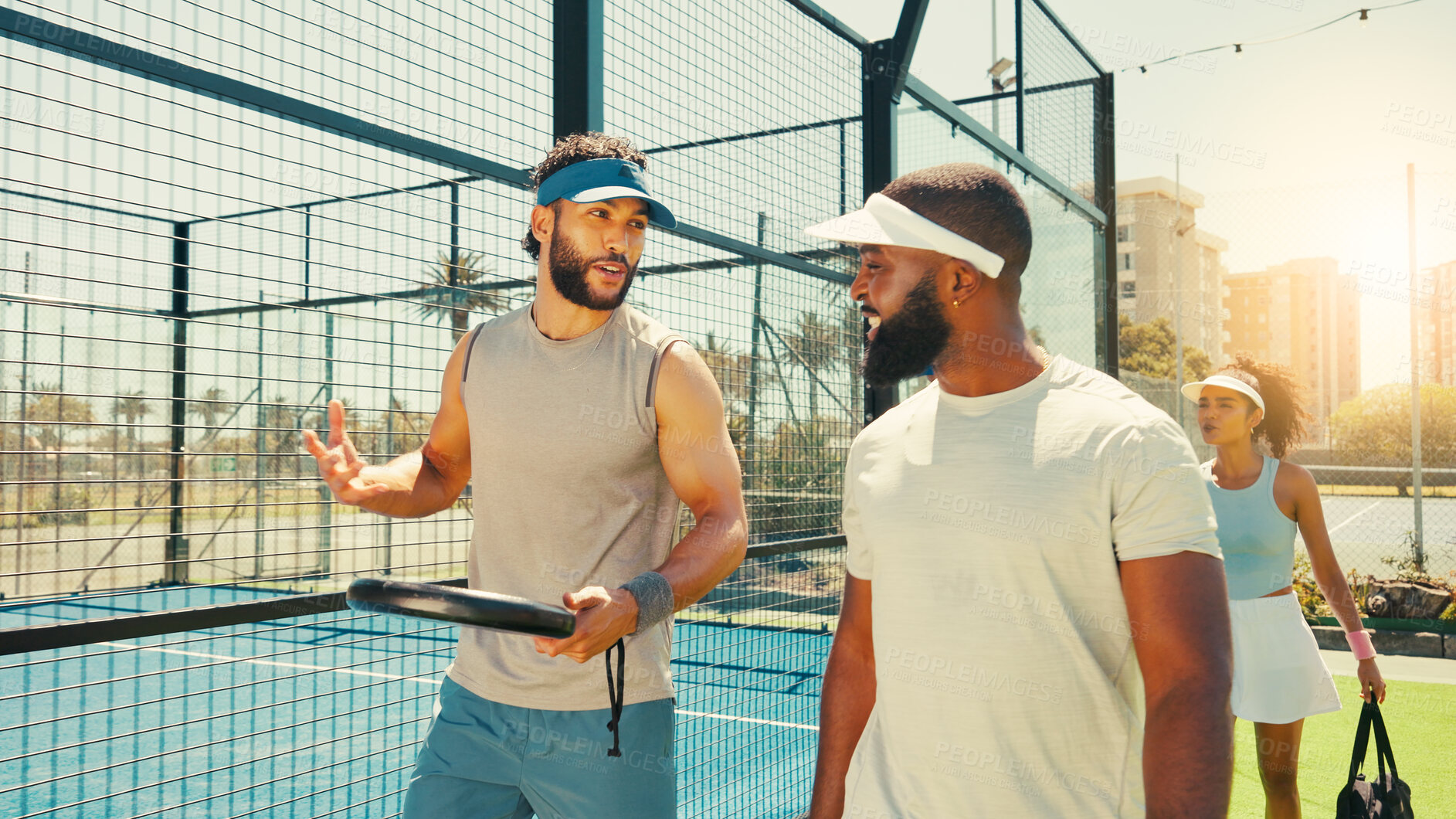 Buy stock photo Tennis friends, people and walking to court for match training, practice discussion or tournament game. Sport athlete, men and happy outdoor for padel competition, conversation and fitness exercise