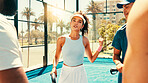 Tennis, group and talking on court for fitness, planning challenge or idea for workout schedule. Woman coach, padel lesson or people on sports grounds for game social, break or friendly discussion