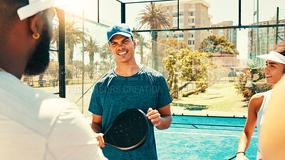 Buy stock photo Tennis friends, team and break on court for competition practice, tournament match and advice for game technique. Padel sport, people and racket at training workout with talking, fitness and wellness
