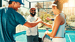 Happy people, paddle tennis and fist bump with team for unity or friendly match on outdoor court. Group, friends or sports players with smile, huddle or hands together for mission, game or meeting