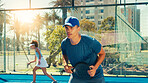 Padel tennis, game and man at court for training, competition and fitness with doubles partner. Team, sports player and athlete practice in match for exercise, tournament challenge or workout outdoor