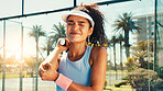 Fitness, elbow pain and woman on tennis court with injury, medical crisis and accident outdoors. Sports, health and girl with ache, strain and hurt from padel training, workout and exercise for game