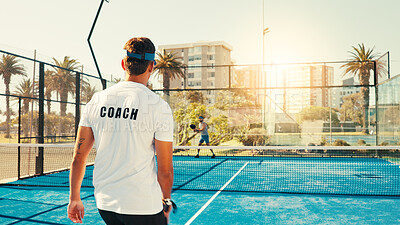 Buy stock photo Back, coach and man with training, tennis and lesson with fitness, workout and hobby. Professional trainer, instructor or athlete with court, practice or technique development with exercise or health