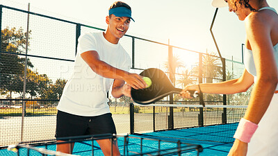 Buy stock photo Sports, team and playing with padel racket, outdoor and smile for practice in morning and training. Happy, people and active with ball for game, fitness and exercise for performance or wellness