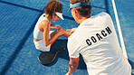 Woman, sport and knee injury with coach for pain, medical assistance or help on outdoor court. Female person, paddle tennis or player with sore leg, bruise or joint inflammation for muscle sprain