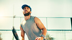 Outdoor, athlete and man with padel racket, skills and serious for performance with fitness and active. Court, player and person with equipment for practice, workout and training for competition