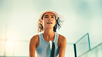 Skills, athlete and woman with padel racket, outdoor and serious for performance with fitness and active. Court, player and person with equipment for practice, workout and training for competition