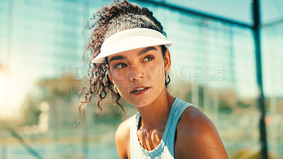 Buy stock photo Thinking, tennis court and woman with fitness, sports and training for tournament match. Hat, person and international athlete with game, decision for practice and technique for competition or health