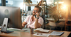 Phone call, computer and happy businessman in office for virtual meeting, online discussion and communication. Professional, web designer and person on smartphone for conversation, talking and chat
