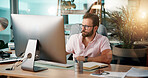 Research, notebook or man on computer in finance for online project, review or economy website. Night, financial consultant and accountant on PC technology for planning budget, report or business