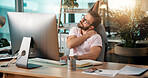 Businessman, neck pain and computer with injury for bad posture, overworked or stress at office desk. Man, employee or ache with sore joint, shoulder or inflammation for muscle tension at workplace