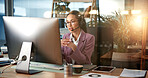 Business woman, computer and consultant with headset for communication, online advice or help at office. Female person, agent or employee talking with mic on technology for virtual assistance or CRM