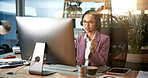 Business woman, consultant or talking with headset for communication, online advice or help at office. Female person, agent or employee consulting with mic on technology for virtual assistance or CRM