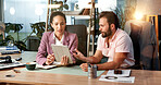Night, tablet and business people in office for meeting, planning and collaboration for project. Professional, discussion and man and woman on digital tech for online report, research and website