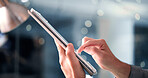 Hands, business and man with tablet, night and typing with email for banking update. Closeup, person and financial advisor in office, late or fintech with app for economy news and stock market report
