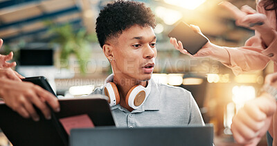Buy stock photo Busy, businessman and laptop with multitasking for project deadline or demanding employees at office. Man, chaos and overworked with stress, anxiety or overwhelmed for colleague workload at workplace