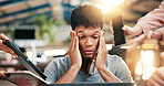 Frustrated, businessman and multitasking with project deadline or demanding employees at office. Man, chaos and overworked with stress, anxiety or overwhelmed for colleague workload at workplace