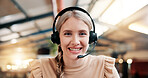 Happy woman, portrait and consultant with headset at call center for online communication or advice. Face, female person or friendly agent with smile in POV for CRM or customer service at workplace