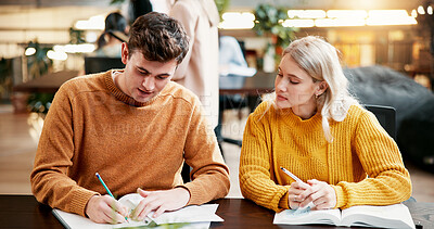 Buy stock photo College, teamwork and people writing in library with books, project and discussion for assignment. Knowledge, learning and students studying with education for exam, scholarship and university test