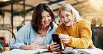 People, students and laugh with phone in library for social media, university gossip or reading meme. Friends, mobile and streaming for funny video, education schedule and learning website at college