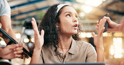 Buy stock photo Frustrated woman, multitasking and pressure with project deadline or demanding employees at office. Female person, chaos or overworked with stress, anxiety or overwhelmed tasks for colleague workload