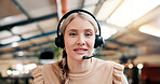 Happy woman, portrait and agent with headset at call center for online communication or advice. Face, female person or friendly consultant with smile in POV for CRM or customer service at workplace