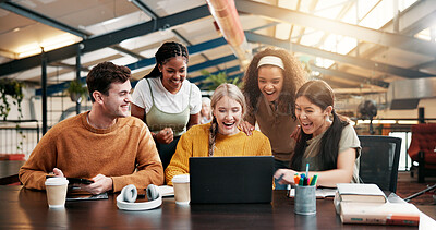 Buy stock photo Students, friends and laptop with celebration, university and email with grade results. Group, pride or people in library, computer or excited with scholarship, funding approval and positive feedback