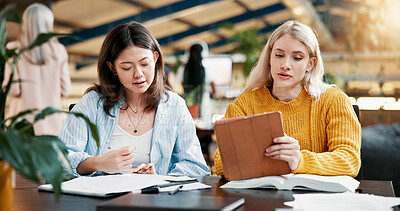 Buy stock photo College, teamwork and students with tablet, classroom and discussion for assignment, online and thinking. University, women and studying with tech for exam, knowledge and people with scholarship