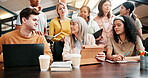 Education, students and lecturer with tablet, group and sad for last lesson in classroom and thinking. Knowledge, communication and mature woman with tech for assignment, people and end of semester