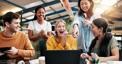 Buy stock photo Happy people, pointing and team with laptop for surprise, winning promotion or good news at office. Excited, creative group or designers with smile on technology for online startup or project success