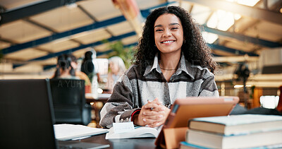 Buy stock photo Education, portrait and woman in library of college campus for learning or study. Books, scholarship and tablet with happy student at university for assignment, development or online research