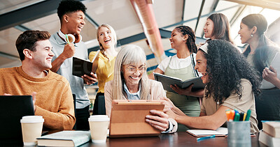 Buy stock photo Happy people, team and meeting with tablet in celebration for good news, winning or project success. Excited, creative group or designers with smile or technology for done, promotion or achievement