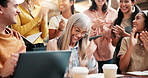 Excited people, team and laptop with applause in celebration for good news, winning or project success. Happy, creative group or designers with smile or technology for done, promotion or achievement