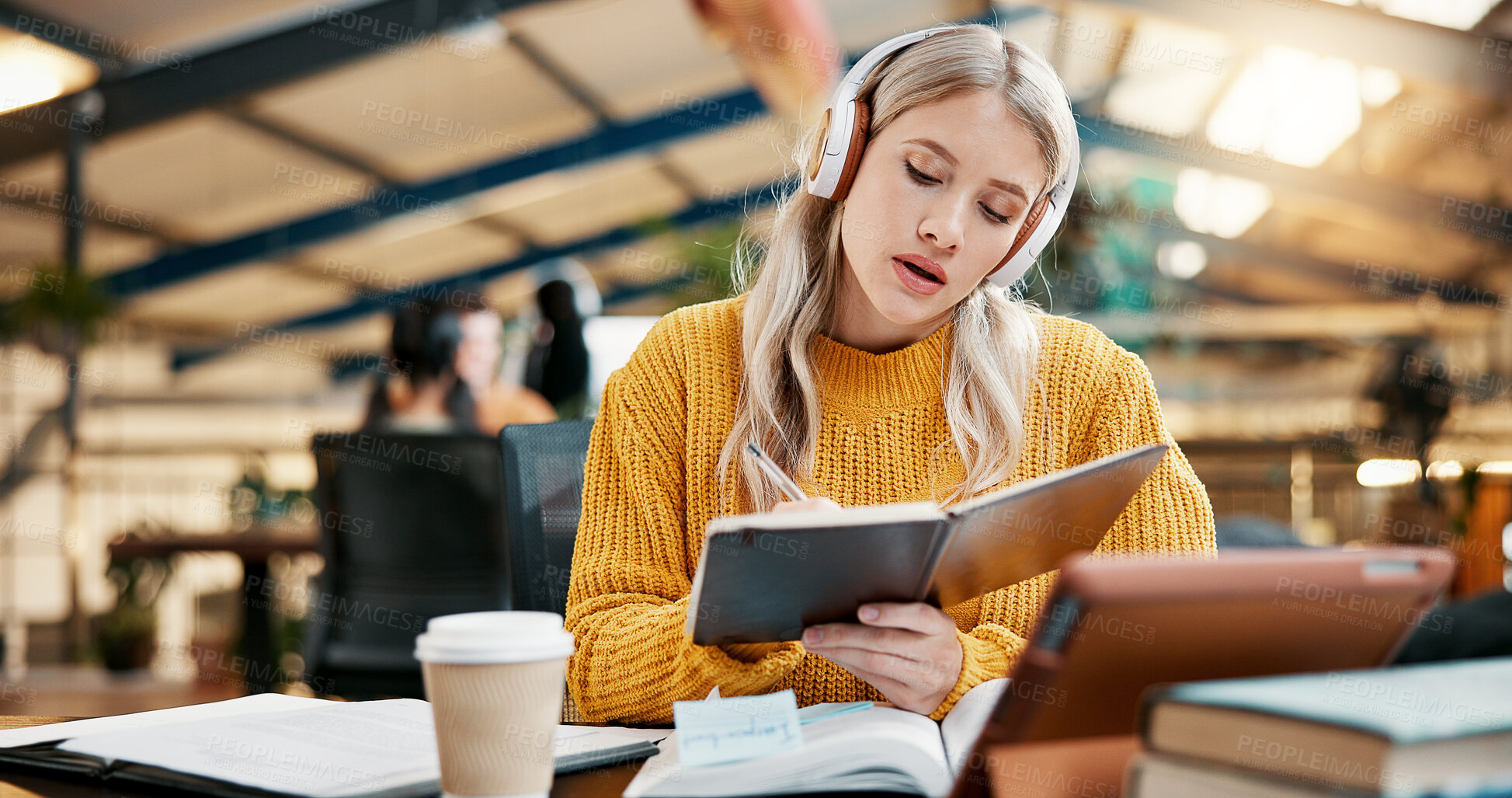 Buy stock photo College, headphones or woman in library for writing, project or course for assignment information. Knowledge, learning or student studying with education for exam, academy research or university test