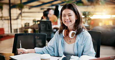 Buy stock photo Portrait, smile and woman in university for education, research project and assignment notes in library. Book, college and happy student study for exam, learning and test preparation for scholarship