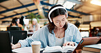 Headphones, reading book and woman learning in university for knowledge, research or listening to audio. Writing notes, college and serious student study for exam, education or technology for music