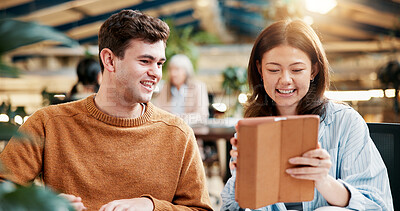 Buy stock photo Research, man and woman with tablet, college and smile for info on website, studying and teamwork. Education, students and people with tech for assignment, learning or planning for exam in university