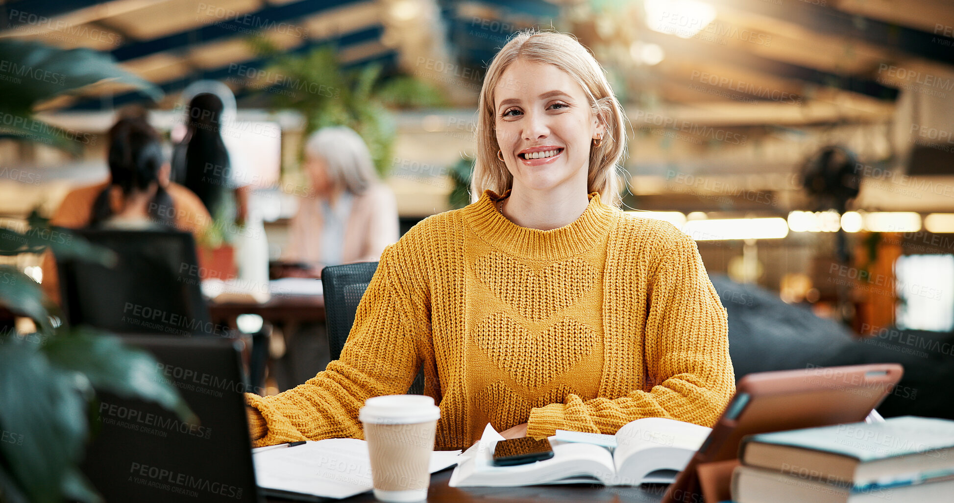Buy stock photo Learning, portrait and student woman in library of college campus for development or study. Books, education and tablet with happy person at university for assignment, research or scholarship