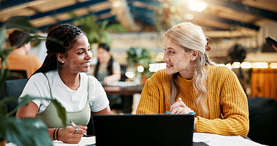 Buy stock photo Students, girls and friends learning in library with laptop for help, education or talk in college. Computer, happy women or team in university for creative research project, study or exam discussion