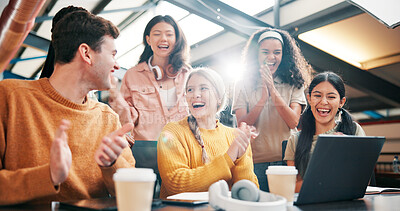 Buy stock photo Happy people, team or celebration with applause on laptop for winning, promotion or good news at office. Excited, creative group or designers clapping with technology for project success at workplace