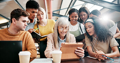 Buy stock photo College, students and lecturer with tablet, talking and info for assignment in classroom or group. Education, teacher and mature woman with advice for project, people or notes with tech in university