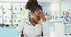 Frustrated, business woman or headache with stress on laptop for pressure or eye strain at office. Female person, accountant or tired employee with migraine on technology for project deadline or fail
