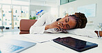Employee, yawn and business woman with burnout, tired and fatigue for working on laptop in office. Sleeping, girl and creative person with workaholic, exhausted and pressure from workload with nap