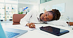 Business woman, sleeping and tablet with laptop for fatigue, burnout or insomnia at office desk. Tired, female person or lazy employee asleep by technology for break, rest or boredom day at workplace